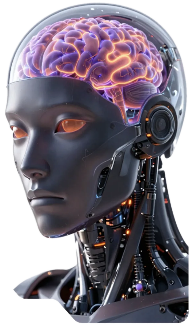 Robot umanoide con cervello digitale visibile, rappresentazione dell'intelligenza artificiale